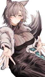1girl absurdres animal_ear_fluff animal_ears arknights belt belt_buckle black_belt blush braid breasts buckle coat dress earrings extra_ears fur_coat hair_between_eyes highres jacket jewelry large_breasts long_dress long_sleeves looking_at_viewer mo_komo_momo mole mole_above_eye mole_on_forehead official_alternate_costume parted_lips penance_(arknights) penance_(occasionally_flushed)_(arknights) simple_background single_braid solo sweater tail turtleneck turtleneck_sweater white_background white_jacket wolf_ears wolf_girl wolf_tail yellow_eyes
