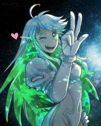 1girl 2024 ahoge artist_name blush_stickers colored_inner_hair commentary covered_navel dated fate/grand_order fate_(series) gloves green_eyes green_hair hand_on_own_hip heart highres kukulkan_(fate) kukulkan_(second_ascension)_(fate) leotard long_hair long_sleeves looking_at_viewer multicolored_hair one_eye_closed open_mouth sharp_teeth smile solo space teeth tongue v white_gloves white_hair white_leotard yomogi_banashi