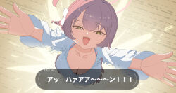 1girl breasts cleavage collarbone commentary dialogue_box from_above green_eyes hanako_(blue_archive) hanako_(swimsuit)_(blue_archive) hands_up highres large_breasts long_sleeves looking_at_viewer miaki_(mi_autumn39) nintendo official_alternate_costume open_mouth parody red_hair shirt solo teeth the_legend_of_zelda the_legend_of_zelda:_breath_of_the_wild upper_teeth_only white_shirt