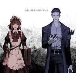 1boy 1girl apron armband ascot bag belt chanil_(muexlku) coat cowboy_shot dead_rabbits_(identity)_(project_moon) frilled_apron frills highres holding holding_pocket_watch juliet_sleeves korean_text lapels limbus_company long_sleeves looking_at_viewer maid maid_headdress meursault_(project_moon) notched_lapels pants pocket_watch project_moon puffy_sleeves ryoshu_(project_moon) translation_request watch wuthering_heights_(identity)_(project_moon)