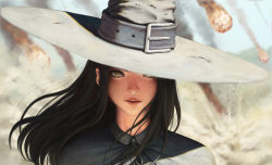 1girl black_hair close-up female_focus freckles hat lips looking_at_viewer meteor meteor_shower original portrait solo syar_page witch_hat wizard wizard_hat yellow_eyes