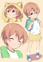 1girl :3 ^_^ aged_down animal_ears animal_hood backpack bag blue_bag blue_shoes brown_hair cat_ears cat_hood closed_eyes commentary cropped_shoulders double-parted_bangs fake_animal_ears full_body green_sleeves hair_between_eyes highres hood hoodie hoshizora_rin kodomo_no_hi love_live! love_live!_school_idol_project multiple_views raglan_sleeves randoseru sen_(sen0910) shirt shoes short_hair skirt sneakers socks standing white_shirt white_socks yellow_eyes yellow_hoodie yellow_skirt