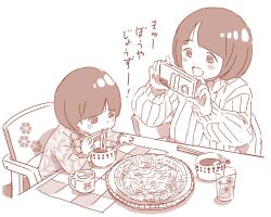 1boy 1girl araki_tetsurou blush_stickers bob_cut bowl child chopsticks commentary_request cup eating food gundam gundam_gquuuuuux highres holding holding_food holding_phone long_sleeves mother_and_son noodles open_mouth phone plate sepia shiiko_sugai short_hair simple_background sitting smile translation_request