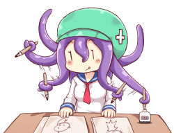 :q bad_id bad_pixiv_id blue_sailor_collar blush_stickers drawing green_hat greenteaneko hair_between_eyes hat highres inkwell ink_pen long_hair long_sleeves motion_lines necktie nib_pen_(object) paper pen prehensile_hair purple_hair red_necktie sailor_collar shirt simple_background solo table tentacle_hair tongue tongue_out white_background white_shirt |_|