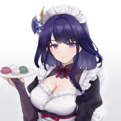 1girl 3113313545 alternate_costume apron back_bow black_dress blue_flower bow braid breasts bridal_gauntlets chinese_commentary cleavage closed_mouth commentary_request dress enmaided fan_hair_ornament flower food frills genshin_impact hair_flower hair_ornament hand_up holding holding_plate juliet_sleeves large_breasts long_hair long_sleeves looking_at_viewer maid maid_headdress mochi mole mole_under_eye neck_ribbon plate puffy_sleeves purple_bow purple_eyes purple_flower purple_hair purple_ribbon raiden_shogun ribbon sidelocks simple_background single_braid smile solo upper_body wagashi white_apron white_background white_bow
