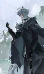 1boy animal_ears arknights black_cape black_gloves black_jacket cape chaa2787 commentary cowboy_shot day fur-trimmed_cape fur_trim gloves grey_eyes grey_tail highres holding infection_monitor_(arknights) jacket long_sleeves male_focus medium_hair outdoors parted_lips pocket_watch profile silverash_(arknights) snowing solo standing tail watch