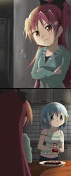 Rule 34 | &gt;:3, 2 ru, 2girls, 2koma, absurdres, black bra, blouse, blue eyes, blue hair, bow, bra, bra visible through clothes, comic, crossed arms, denim, fang, food, hallway, head tilt, highres, hood, hoodie, ketchup, kitchen, long hair, mahou shoujo madoka magica, miki sayaka, multiple girls, navel, plate, red eyes, red hair, refrigerator, sakura kyoko, scared, shirt, signature, smug, striped clothes, striped shirt, sushi, sweater, table, tank top, underwear