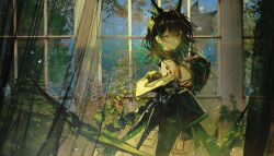 2girls absurdres animal_ears arknights axleaki black_dress breasts cat_ears cat_girl chinese_commentary closed_mouth commentary commentary_request curtains dress english_commentary from_side green_dress green_eyes green_theme highres kal&#039;tsit_(arknights) light_particles looking_at_viewer looking_to_the_side material_growth medium_breasts medium_hair mixed-language_commentary mon3tr_(arknights) multiple_girls oripathy_lesion_(arknights) partial_commentary sidelocks sleeves_past_fingers sleeves_past_wrists smile tail white_hair window