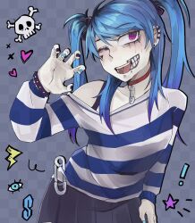 1girl alternate_costume amemiya_darumi black_bow black_hair black_nails black_skirt blue_hair blue_nails bow bra_strap bracelet checkered_background collar ear_piercing face_piercing jewelry lip_piercing long_sleeves looking_at_viewer multicolored_hair one_eye_closed open_mouth piercing pink_eyes pleated_skirt red_collar safety_pin skirt skull_and_crossbones solo spiked_bracelet spikes striped_clothes the_hundred_line_-last_defense_academy- twintails