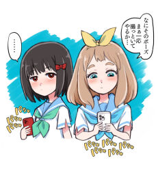 2girls black_hair blonde_hair blue_eyes blue_neckerchief blue_sailor_collar blush bow cellphone closed_mouth green_neckerchief hair_bow hair_ribbon hibike!_euphonium hisaishi_kanade holding holding_phone kitauji_high_school_uniform kotomozou long_hair multiple_girls neckerchief phone ponytail red_bow red_eyes ribbon sailor_collar school_uniform serafuku shirt short_hair short_sleeves skirt smartphone upper_body white_shirt yellow_ribbon yoshikawa_yuuko