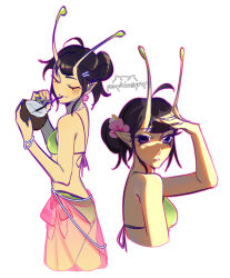 1girl alien antennae ass bikini black_hair breasts closed_mouth guardians_of_the_galaxy highres long_hair looking_at_viewer mantis_(marvel) marvel marvel_cinematic_universe marvel_rivals open_mouth pointy_ears pumpkimsyrup short_hair simple_background smile solo swimsuit