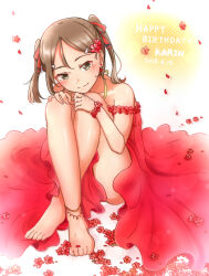 Rule 34 | 1girl, 2018, anklet, bare legs, barefoot, bracelet, brown eyes, brown hair, character name, closed mouth, collarbone, dated, dress, eda udon, flower, flower bracelet, full body, hair flower, hair ornament, happy birthday, hugging own legs, jewelry, long dress, miyoshi karin, petals, red dress, red flower, sitting, sleeveless, sleeveless dress, smile, solo, twintails, yuuki yuuna wa yuusha de aru, yuusha de aru