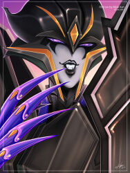 1girl airachnid black_lips fangs fingernails helmet highres humanoid_robot myla_xan purple_eyes robot robot_girl sharp_fingernails solo transformers transformers_prime upper_body