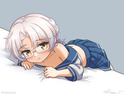 Rule 34 | 1girl, blue sailor collar, blue skirt, brown eyes, flat chest, glasses, gloves, grey background, grey hair, hirato (kancolle), kantai collection, looking at viewer, lying, on stomach, one-hour drawing challenge, pleated skirt, ray.s, sailor collar, sailor shirt, school uniform, serafuku, shirt, shirt partially removed, simple background, skirt, solo, white gloves, white shirt