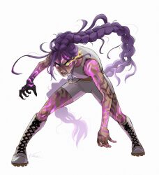Rule 34 | 1girl, alternate form, boots, braid, braided ponytail, claws, commentary, demon, earrings, english commentary, fangs, fire, full body, highres, jewelry, kinschi, kpop demon hunters, purple hair, rumi (kpop demon hunters), shorts, signature, simple background, single tear, sleeveless, solo, very long fingernails, white background, white shorts