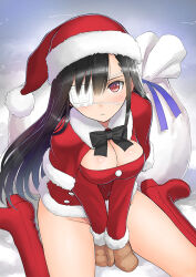 1girl :&lt; akeno_maria black_hair blush boots bottomless bow bowtie breasts brown_mittens capelet cleavage closed_mouth covered_navel covering_crotch covering_privates eyepatch from_above fur_collar fur_trim gloves groin hat knee_boots long_hair long_sleeves looking_at_viewer medical_eyepatch medium_breasts mittens one_eye_covered perspective red_boots red_bow red_bowtie red_eyes red_hat sack santa_costume santa_hat scan sister_blood sitting solo thighs tony_taka wariza
