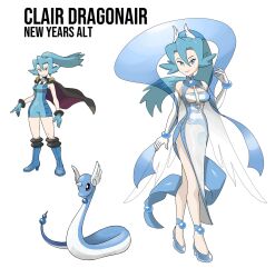 1girl absurdres alternate_costume blue_eyes blue_footwear blue_hair blue_lips breasts character_name china_dress chinese_clothes clair_(pokemon) commentary dragonair dress elbow_gloves english_commentary eyelashes full_body gen_1_pokemon gloves hair_between_eyes high_heels high_ponytail highres long_hair looking_at_viewer nintendo official_art_inset pokemon pokemon_hgss ponytail reference_inset rhymewithray side_slit simple_background white_background white_gloves