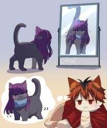 :3 absurdres animal_ear_fluff animal_focus animalization black_hair cat commentary fern_(sousou_no_frieren) highres j_humbo long_hair mirror no_humans purple_hair red_eyes scarf smile sousou_no_frieren sparkle speech_bubble stark_(sousou_no_frieren) symbol-only_commentary thought_bubble