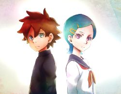 1boy 1girl ammonio aqua_hair back-to-back brown_hair eureka_(eureka_seven) eureka_seven eureka_seven_(series) gakuran hair_ornament hairclip looking_at_viewer purple_eyes renton_thurston school_uniform serafuku short_hair