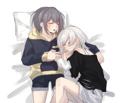 2girls absurdres bang_dream! bang_dream!_it&#039;s_mygo!!!!! black_shirt blue_hoodie blue_shorts closed_eyes closed_mouth commentary cuddling grey_hair highres holding_hands hood hoodie kaeru_(kaeee41917105) kaname_raana layered_sleeves long_sleeves multiple_girls on_bed open_mouth pillow shirt short_hair short_over_long_sleeves short_sleeves shorts sleeping smile takamatsu_tomori two-tone_hoodie white_hair white_shirt wolf_cut yellow_hoodie yuri