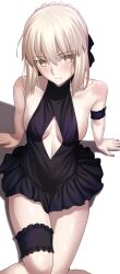 1girl absurdres artoria_pendragon_(fate) bare_shoulders blonde_hair blush clothing_cutout dress fate/grand_order fate_(series) highres longdq3008 looking_at_viewer navel_cutout saber_alter short_hair sitting yellow_eyes