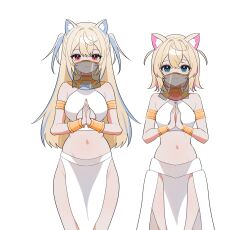 2girls ancient_egyptian_clothes animal_ear_fluff animal_ears armlet bare_shoulders blonde_hair blue_eyes blue_hair bracer breasts colored_inner_animal_ears dog_ears dog_girl egyptian_trend_(meme) fuwawa_abyssgard groin hair_between_eyes hair_intakes hana20000920 highres hololive hololive_english jewelry large_breasts long_hair looking_at_viewer meme midriff mococo_abyssgard mouth_veil multicolored_hair multiple_girls navel palms_together pelvic_curtain pink_hair see-through_clothes see-through_veil short_hair siblings simple_background sisters small_breasts smile streaked_hair twins two-tone_hair two_side_up usekh_collar veil virtual_youtuber white_background