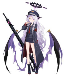 1girl absurdres black_boots black_hat black_horns black_jacket black_shirt black_skirt blue_archive boots full_body gun halo hat highres hina_(blue_archive) horns jacket lace-up_boots legs long_hair long_sleeves looking_at_viewer low_wings machine_gun mg42 miniskirt necktie purple_eyes red_necktie shirt simple_background skirt solo standing weapon white_background white_hair wings yume_(454565427)