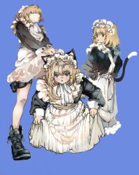 Rule 34 | 1girl, :o, animal ears, aqua eyes, blonde hair, blue background, blush, cat ears, cat tail, curtsey, highres, jiuso0, looking at viewer, maid, maid day, maid headdress, medium hair, millie parfait, multiple views, nijisanji, nijisanji en, tail, virtual youtuber
