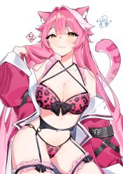 1girl :3 absurdres animal_ears armband bare_shoulders bikini black_armband black_bow black_garter_belt blush bow breasts chattino_(raora_panthera) cleavage closed_mouth coat collarbone commentary criss-cross_halter fang garter_belt hair_intakes halterneck hayate_fish highres hololive hololive_english large_breasts leopard_print_bikini long_hair long_sleeves looking_at_viewer multicolored_hair navel o-ring_garter_belt open_clothes open_coat panther_ears panther_girl panther_tail pink_bikini pink_coat pink_eyes pink_hair raora_panthera raora_panthera_(1st_costume) simple_background skin_fang smile solo stomach streaked_hair swimsuit symbol-only_commentary tail thigh_strap thighs under virtual_youtuber white_background yellow_eyes