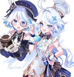 &gt;_&lt; 1girl :d ahoge apron bare_shoulders blue_eyes blue_hair blue_hat blue_skirt chaena_(exmd3552) charlotte_(genshin_impact) charlotte_(genshin_impact)_(cosplay) chef_hat colored_inner_hair cosplay cowboy_shot detached_sleeves escoffier_(genshin_impact) escoffier_(genshin_impact)_(cosplay) furina_(genshin_impact) genshin_impact gloves hair_intakes hat highres holding holding_ladle ladle long_hair long_sleeves looking_at_viewer monocle multicolored_hair multiple_views newsboy_cap open_mouth red_hat shirt skirt smile standing upper_body very_long_hair white_apron white_background white_gloves white_hair white_hat white_shirt wrist_cuffs