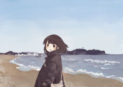 1girl :o arms_at_sides bag beach black_jacket blue_sky blush brown_eyes brown_hair clear_sky collared_jacket cowboy_shot day floating_hair from_behind hand_in_pocket handbag horizon jacket long_bangs long_hair looking_at_viewer looking_back ocean open_mouth original outdoors sasaxxxx06 shore sidelocks sky solo twitter_username waves