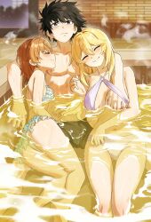 Rule 34 | 1boy, 2girls, absurdres, ass, bikini, black eyes, black hair, blonde hair, breasts, brown hair, closed mouth, ffm threesome, frilled bikini, frills, grabbing another&#039;s breast, grey bikini, groping, group sex, highres, kamijou touma, long hair, medium hair, misaka mikoto, multiple girls, nipples, o-ring, o-ring top, onsen, purple bikini, shokuhou misaki, small breasts, smile, swimsuit, threesome, toaru kagaku no railgun, toaru majutsu no index, waligner, water, wet
