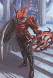 2boys apollo_geist belt cape colored_sclera cowboy_shot full_body giant gloves helmet highres holding holding_sword holding_weapon horns humanoid_robot kamen_rider kamen_rider_x_(series) king_dark looking_at_viewer male_focus mask metal_skin multiple_boys rapier red_eyes red_sclera robot scarf shield standing sword tokusatsu two-sided_cape two-sided_fabric vaison weapon