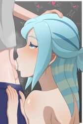 2boys bar_censor blue_hair blush censored clothed_male_nude_male fellatio florian_(pokemon) furansiumu grey_background grusha_(pokemon) hand_on_another&#039;s_head heart male_focus multiple_boys nintendo nude oral penis pokemon pokemon_sv sweat testicles trap trembling uva_academy_school_uniform yaoi