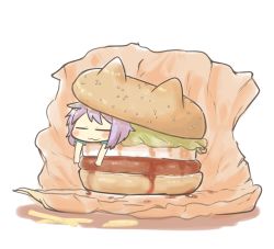 10s 1girl :3 animal_ears blush_stickers burger cat_ears closed_eyes female_focus food in_food inishie kantai_collection ketchup lettuce lying mini_person minigirl on_stomach purple_hair short_hair solo tama_(kancolle) white_background wrapper