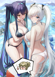 3girls ^_^ abe_(nikke) absurdly_long_hair absurdres aqua_hair arm_under_breasts ass bikini black_bikini black_hair blonde_hair blue_eyes blue_sky breasts cinderella_(nikke) cleavage closed_eyes collarbone colored_inner_hair cone_hair_bun cowboy_shot day double_bun goddess_of_victory:_nikke gradient_hair hair_bun hair_intakes hair_over_one_eye highres large_breasts little_mermaid_(nikke) long_hair looking_at_viewer looking_back multicolored_hair multiple_girls ocean old_tales_(nikke) open_mouth outdoors purple_hair sagle side-tie_bikini_bottom sky smile swim_ring swimsuit thumbs_up twintails very_long_hair water wet white_bikini white_hair yellow_eyes