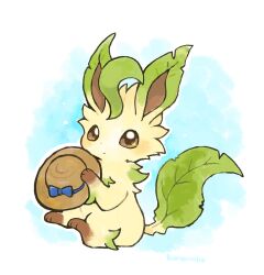 animal_focus artist_name blush brown_eyes closed_mouth commentary_request full_body gen_4_pokemon hat highres konanbo leafeon nintendo no_humans pokemon pokemon_(creature) sitting solo straw_hat