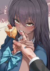 1girl absurdres aqua_bow aqua_bowtie aqua_nails black_hair blue_archive blue_cardigan bow bowtie cardigan corn_dog dark-skinned_female dark_skin finger_in_another&#039;s_mouth hair_between_eyes halo highres karin_(blue_archive) karin_(school_uniform)_(blue_archive) long_hair looking_at_viewer mikelee0614 official_alternate_costume pov purple_halo solo_focus very_long_hair yellow_eyes