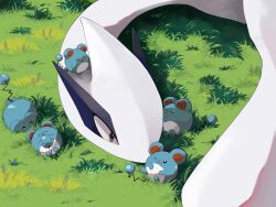 :3 character_request closed_eyes closed_mouth day gen_2_pokemon grass marill mmmggom nintendo no_humans outdoors pokemon pokemon_(creature) smile tail