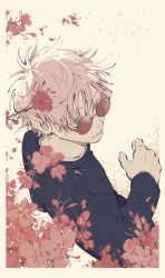 Rule 34 | 1boy, arm up, black jacket, blue eyes, border, closed mouth, cowboy shot, flower, gojou satoru, highres, jacket, jujutsu kaisen, long sleeves, looking ahead, male focus, mim (mimya0600), red-tinted eyewear, red flower, rimless eyewear, round eyewear, short hair, solo, tinted eyewear, white border, white hair