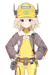 1girl belt blonde_hair blush bodysuit breasts brown_jacket cowboy_shot cross cross_print drawstring facing_viewer flashlight gloves gluteal_fold goddess_of_victory:_nikke groin hammer hard_hat helmet highres hook jacket liter_(nikke) looking_at_viewer open_clothes open_jacket orange_eyes screwdriver shok_(shovelkun) small_breasts smile standing utility_belt v-shaped_eyebrows walkie-talkie white_background white_hood wrench yellow_bodysuit