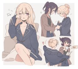 2girls bang_dream! blonde_hair blush breasts coffee_mug cup english_text hair_bun hair_up heart highres long_sleeves mug multiple_girls one_eye_closed open_clothes open_mouth seri_(vyrlw) seta_kaoru shirasagi_chisato shirt small_breasts spilling squeans surprised waking_up yuri