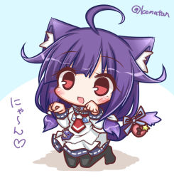 Rule 34 | 1girl, :3, :d, animal ears, apron, black pantyhose, blue ribbon, blue skirt, blush, cat ears, cat girl, cat tail, female focus, hair flaps, heart lock (kantai collection), kantai collection, kemonomimi mode, kneeling, komakoma (magicaltale), long hair, long sleeves, low twintails, no shoes, open mouth, pantyhose, paw pose, purple hair, red eyes, ribbon, school uniform, serafuku, shirt, skirt, smile, solo, star (symbol), taigei (kancolle), tail, tail ornament, tail ribbon, translated, twintails, twitter username, waist apron, white apron, white shirt