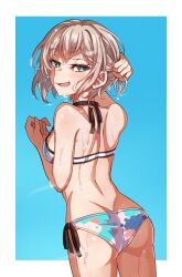 1girl absurdres aoba_moca ass bang_dream! bikini blue_background blue_bikini blue_eyes blush border commentary grey_hair highres junji_17 looking_at_viewer looking_back open_mouth short_hair solo swimsuit wet white_border