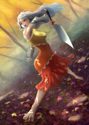 1girl bad_feet barefoot bow breasts cleaver detached_sleeves dress frilled_dress frills grey_hair grey_sleeves hashitsuki_nata highres holding lennard_hirao long_hair multicolored_dress nail_polish nata_(tool) orange_dress orange_nails outdoors red_dress red_eyes sakata_nemuno single-shoulder_dress single_strap touhou very_long_hair yellow_dress