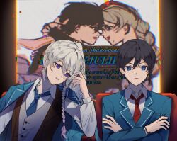 Rule 34 | 2boys, arms around neck, black hair, black vest, blazer, blue jacket, braid, breast pocket, bright pupils, chair, chinese commentary, collared jacket, collared shirt, commentary request, crossed arms, ensemble stars!, expressionless, grey vest, hair between eyes, hand in own hair, hibiki wataru, hidaka hokuto, highres, hug, imminent kiss, indoors, jacket, jacket on shoulders, juxtaposition, lapels, layered sleeves, lilinisha, long sleeves, movie theater, multiple boys, notched lapels, on chair, open mouth, parted lips, pocket, purple eyes, red pupils, romeo and juliet, school uniform, shirt, short hair, side braid, sitting, two-tone vest, upper body, vest, white shirt, yaoi