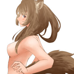 1girl animal_ear_fluff animal_ears blush breasts brown_hair closed_mouth commentary_request completely_nude from_side long_hair looking_at_viewer looking_to_the_side medium_breasts no_nipples nude raccoon_ears raccoon_girl raccoon_tail raphtalia red_eyes simple_background smile solo soranochica tail tate_no_yuusha_no_nariagari upper_body white_background
