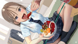 Rule 34 | 1girl, :d, bag, black socks, blue necktie, blue shirt, blue skirt, blush, bowl, bra visible through clothes, breasts, brown hair, chopsticks, dutch angle, eating, food, food request, grey eyes, highres, holding, holding bowl, holding chopsticks, indian style, indoors, long hair, looking at viewer, masuda (yousaytwosin), medium breasts, miniskirt, necktie, open mouth, original, pleated skirt, school bag, school uniform, shirt, short sleeves, signature, sitting, skirt, smile, socks, solo, sushi
