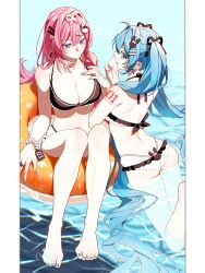 2girls afloat ahoge aqua_eyes aqua_hair aqua_nails arm_tattoo armpit_crease ass bikini black_bikini black_ribbon breasts butt_crack character_name cleavage closed_mouth collarbone commentary day earrings facing_viewer feet_out_of_frame frilled_bikini frills from_behind full_body hair_between_eyes hair_intakes hair_ornament hair_ribbon hairclip hand_on_own_chest hand_up hands_up hatsune_miku head_rest highleg highleg_bikini highres innertube jewelry large_breasts long_hair looking_at_another looking_back lowleg lowleg_bikini megurine_luka multiple_girls nail_polish navel number_tattoo ocean on_innertube outdoors parted_lips pink_hair pink_nails purple_eyes rabbit_hair_ornament ribbon sidelocks smile swim_ring swimming swimsuit symbol-only_commentary tattoo twintails uryoko vocaloid water white_bikini