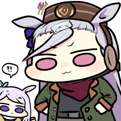 !? 2girls ? ?? animal_ears aqua_bow bandana bow brown_headwear buttons check_commentary chibi coat commentary commentary_request cosplay double-breasted ear_bow gold_ship_(umamusume) green_coat grey_hair gundam gundam_tekketsu_no_orphans hair_between_eyes hands_on_own_hips headgear horse_ears horse_girl jazz_jack korean_commentary long_hair long_sleeves lowres mejiro_mcqueen_(umamusume) multiple_girls open_clothes open_coat orga_itsuka orga_itsuka_(cosplay) pillbox_hat pink_eyes purple_eyes purple_hair red_bandana spoken_interrobang sweatdrop tape umamusume wide_face
